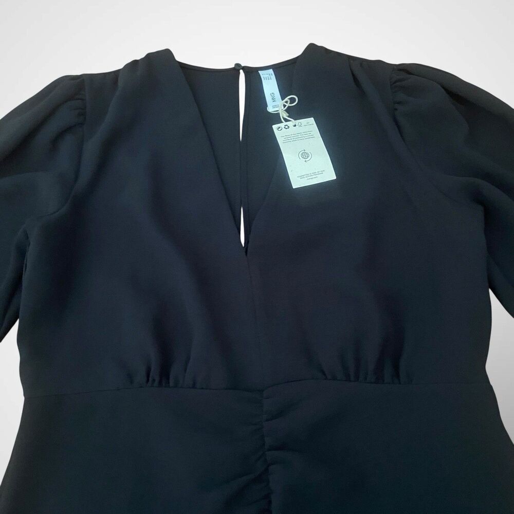 MNG by Mango Black Dress Women's Size M Short Ruched Long Sleeve Deep V Neck - Picture 7 of 12